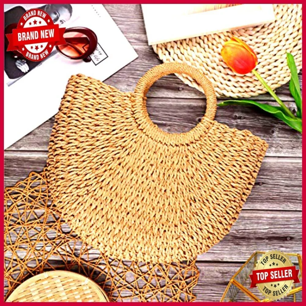 Large Straw Tote Bag with Drawstring Closure, Rattan Woven Handbag for Beach